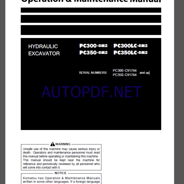 Komatsu PC300-8M2,PC300LC-8M2,PC350-8M2,PC350LC-8M2 HYDRAULIC EXCAVATOR Operation and Maintenance Manual(PEN01726-C0)