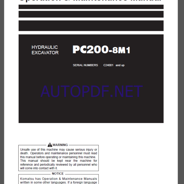 Komatsu PC200-8M1 HYDRAULIC EXCAVATOR Operation and Maintenance Manual(PENC0031-00)