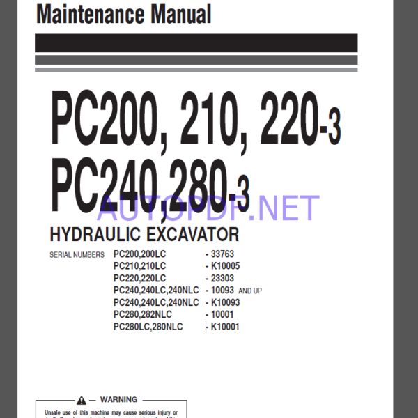 Komatsu PC200, 210, 220-3,PC240,280-3 HYDRAULIC EXCAVATOR Operation and Maintenance Manual(SEAM02050307)