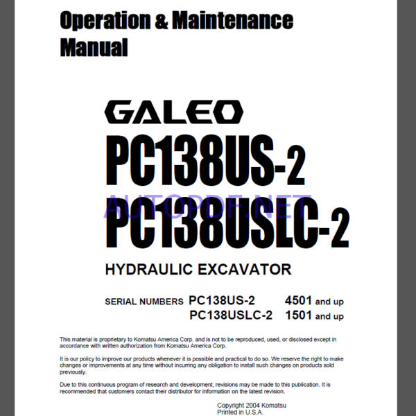 Komatsu PC138US-2,PC138USLC-2 HYDRAULIC EXCAVATOR Operation and Maintenance Manual(TEN00003-00)