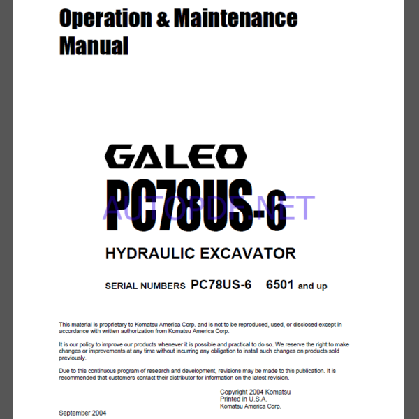 Komatsu PC78US-6 HYDRAULIC EXCAVATOR Operation and Maintenance Manual(TEN00004-00)