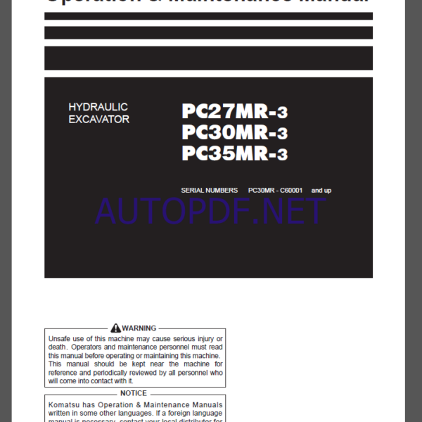 Komatsu PC27MR-3,PC30MR-3,PC35MR-3 HYDRAULIC EXCAVATOR Operation and Maintenance Manual(TEN00664-C8)