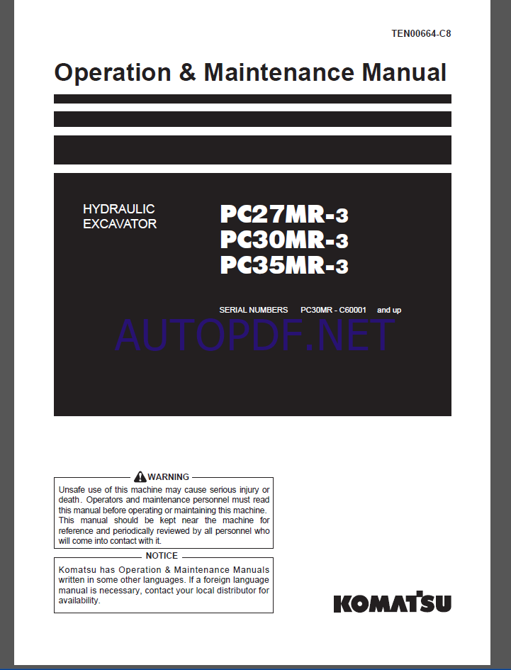 Komatsu PC27MR-3,PC30MR-3,PC35MR-3 HYDRAULIC EXCAVATOR Operation and Maintenance Manual(TEN00664-C8)