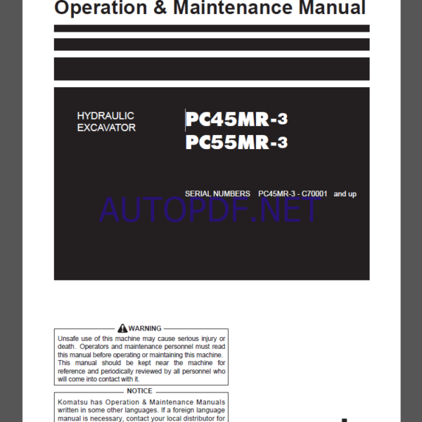 Komatsu PC45MR-3,PC55MR-3 HYDRAULIC EXCAVATOR Operation and Maintenance Manual(TEN00666-C9)