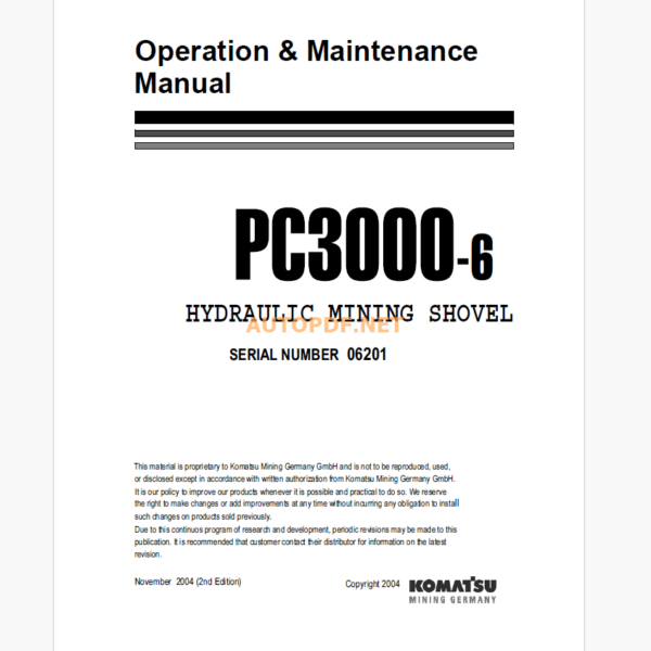 Komatsu PC3000-6 HYDRAULIC MINING EXCAVATOR Operation and Maintenance Manual (OG_PC3000-6_06201)