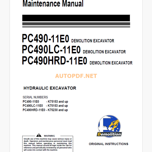 Komatsu PC490-11E0 DEMOLITION EXCAVATOR,PC490LC-11E0,PC490HRD-11E0 DUMP TRUCK Operation and Maintenance Manual(UENAM01912)