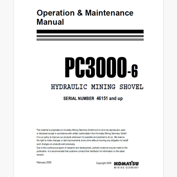 Komatsu PC3000-6 HYDRAULIC MINING EXCAVATOR Operation and Maintenance Manual (OG_PC3000-6_46151)