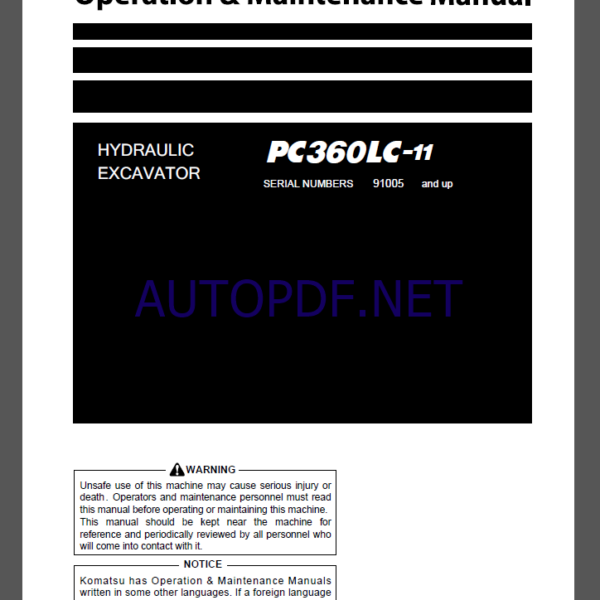 Komatsu PC360LC-11 HYDRAULIC EXCAVATOR Operation and Maintenance Manual(TEN00879-00)