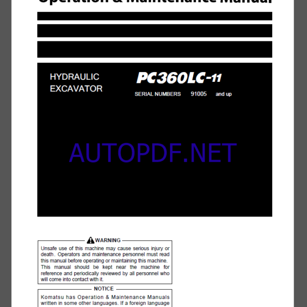 Komatsu PC290LC-11 HYDRAULIC EXCAVATOR Operation and Maintenance Manual(TEN00892-C6)