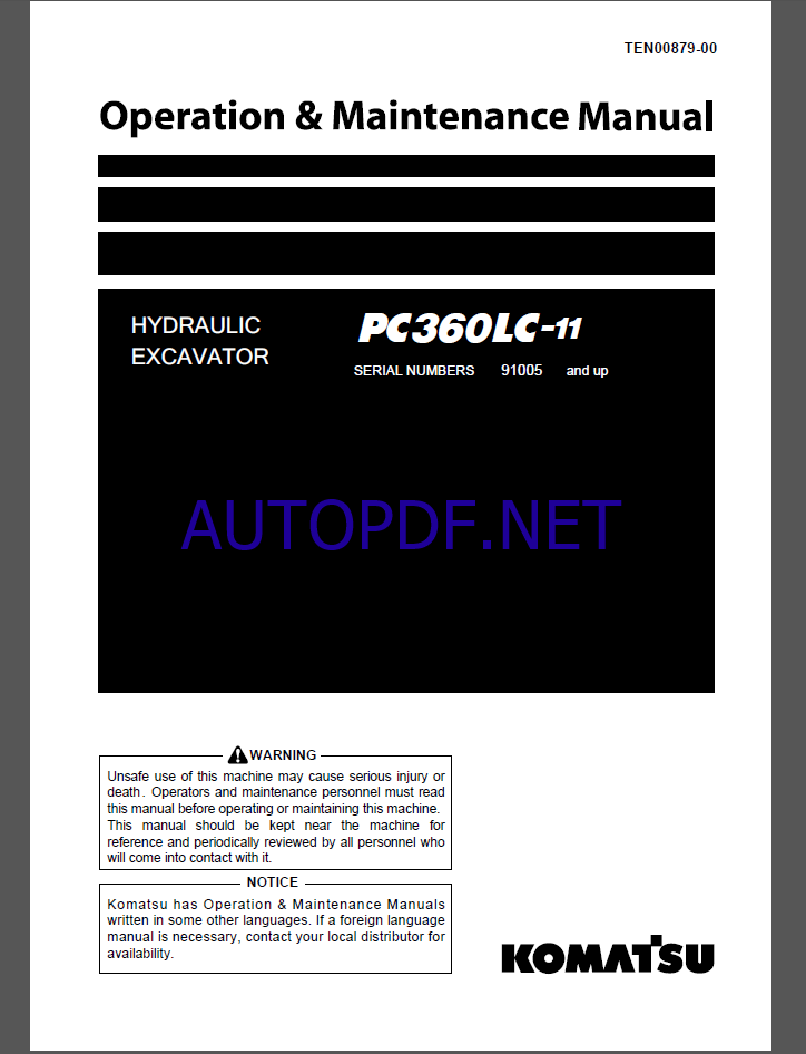 Komatsu PC290LC-11 HYDRAULIC EXCAVATOR Operation and Maintenance Manual(TEN00892-C6)