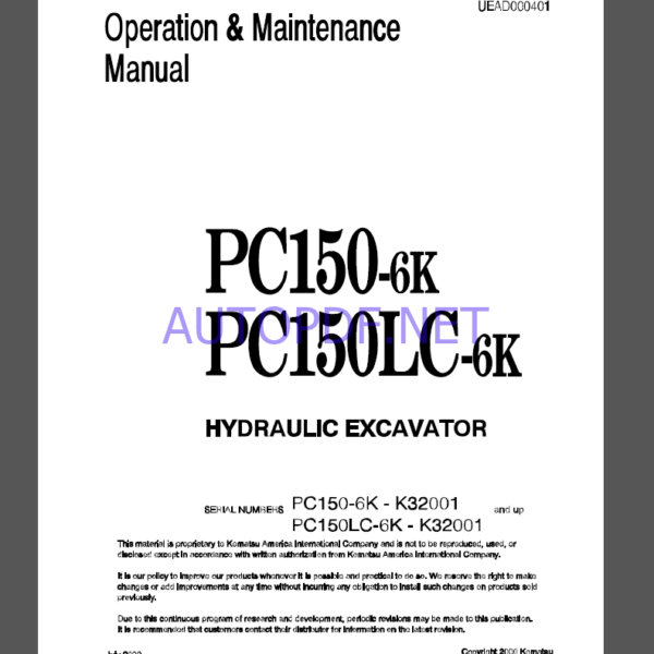 Komatsu PC150-6K,PC150LC-6K HYDRAULIC EXCAVATOR Operation and Maintenance Manual(UEAD000401)