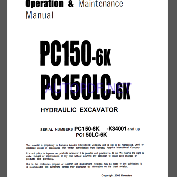 Komatsu PC150-6K,PC150LC-6K HYDRAULIC EXCAVATOR Operation and Maintenance Manual(UEAD000403)