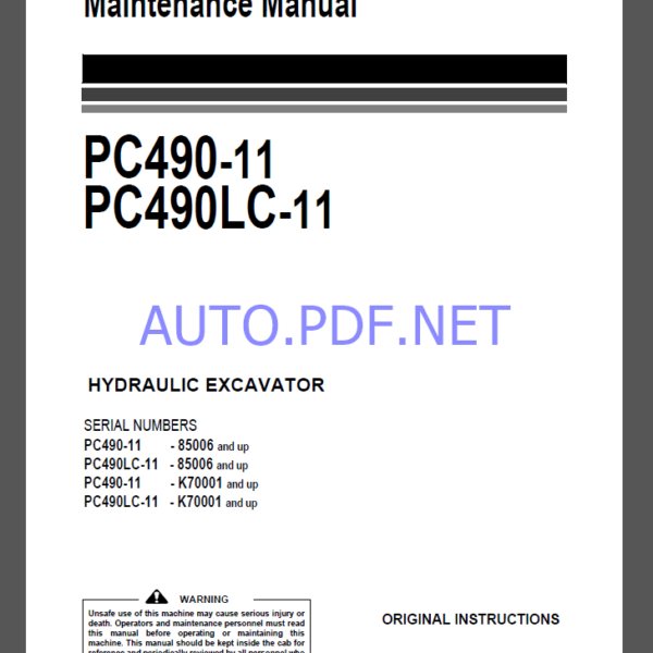 Komatsu PC490-11,PC490LC-11 HYDRAULIC EXCAVATOR Operation and Maintenance Manual(UENAM01105)