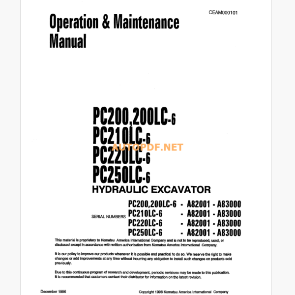 KOMATSU PC200,200LC-6,PC210LC-6,PC220LC-6,PC250LC-6 HYDRAULIC EXCAVATOR DUMP TRUCK Operation and Maintenance Manual(CEAMOOOI 01)