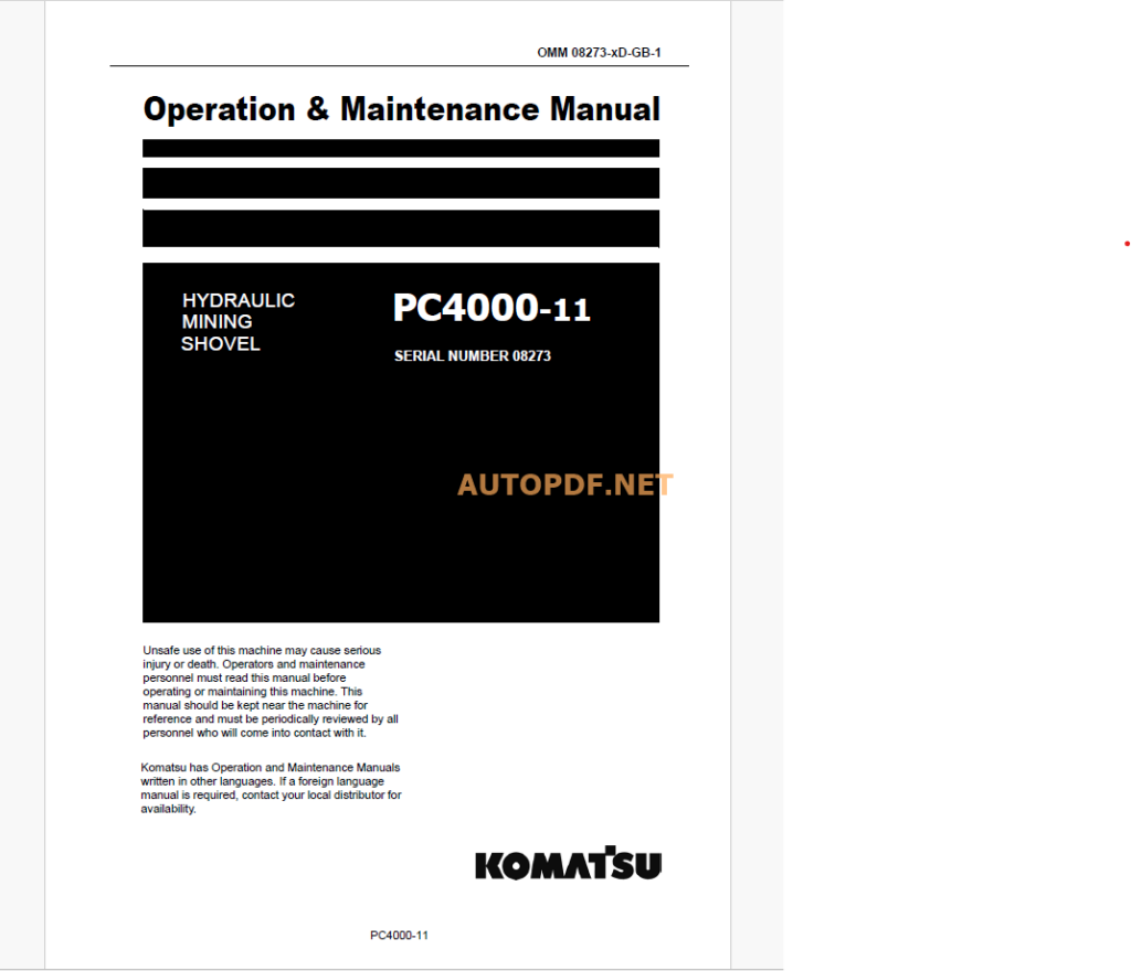 KOMATSU PC4000-11 HYDRAULIC EXCAVATOR DUMP TRUCK Operation and Maintenance Manual(GZEAM8273-1)