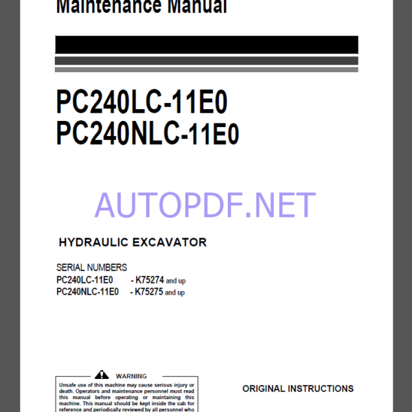 Komatsu PC240LC-11E0,PC240NLC-11E0 HYDRAULIC EXCAVATOR Operation Maintenance Manual(UENAM01576)