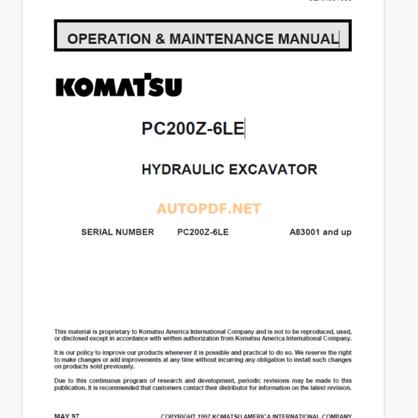 KOMATSU PC200Z-6LE HYDRAULIC EXCAVATOR DUMP TRUCK Operation and Maintenance Manual(CEAD001800)