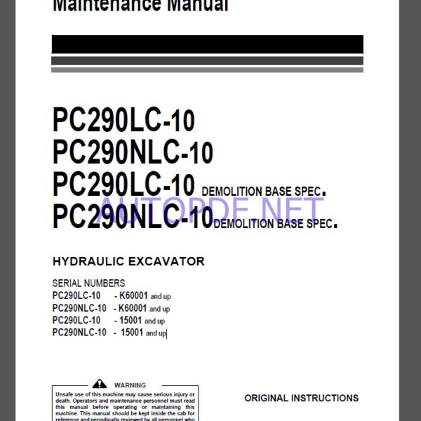 Komatsu PC290LC-10,PC290NLC-10,PC290LC-10,PC290NLC-10 HYDRAULIC EXCAVATOR Operation Maintenance Manual(UENAM00854)