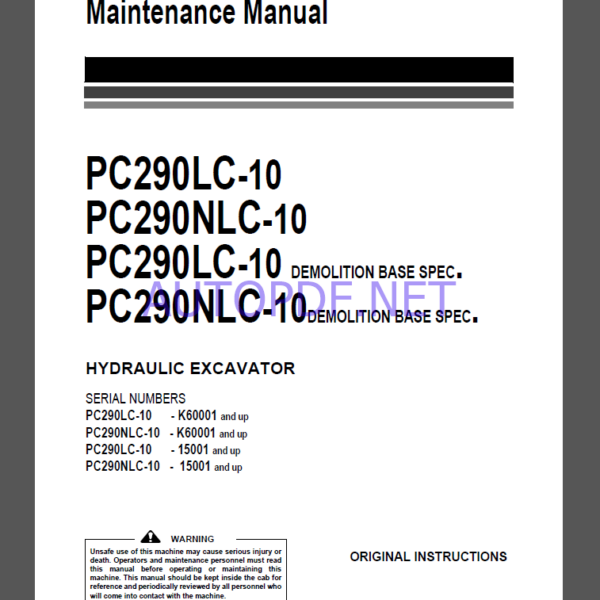 Komatsu PC290LC-10,PC290NLC-10,PC290LC-10,PC290NLC-10 HYDRAULIC EXCAVATOR Operation Maintenance Manual(UENAM00854)