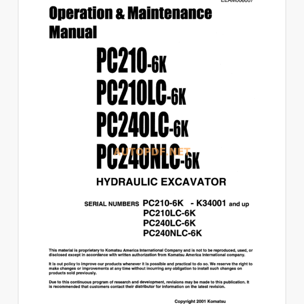 KOMATSU PC210-6K,PC210LC-6K,PC240LC-6K,PC240NLC-6K HYDRAULIC EXCAVATOR Operation and Maintenance Manual(EEAD006007)