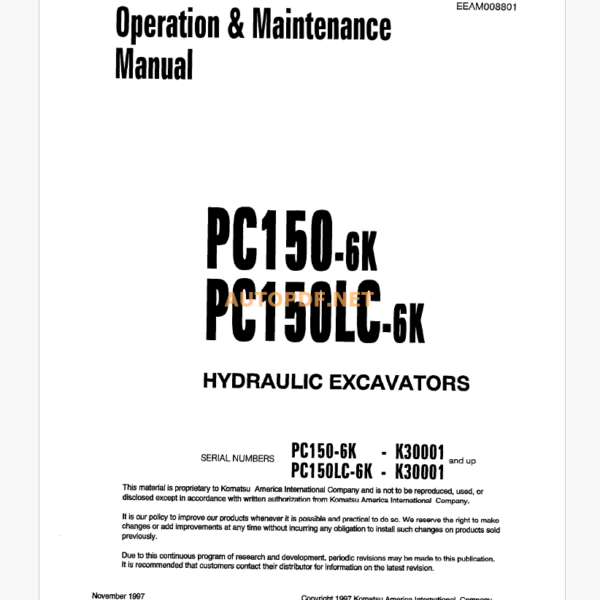 KOMATSU PC150-6K,PC150LC-6K HYDRAULIC EXCAVATOR Operation and Maintenance Manual(EEAD008801)