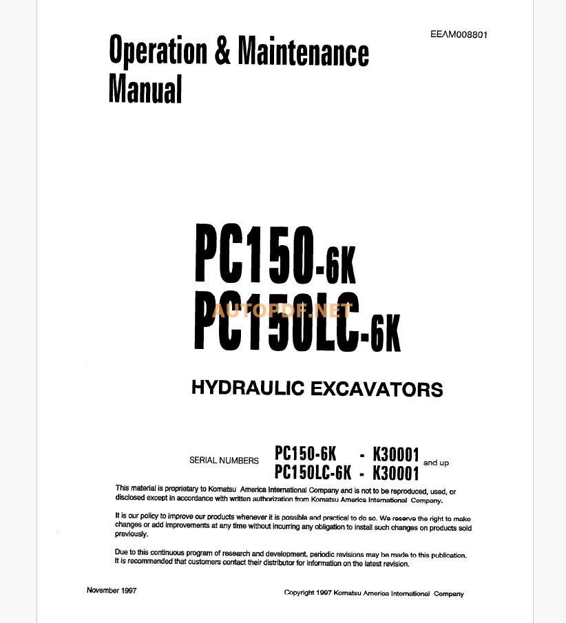 KOMATSU PC150-6K,PC150LC-6K HYDRAULIC EXCAVATOR Operation and Maintenance Manual(EEAD008801)