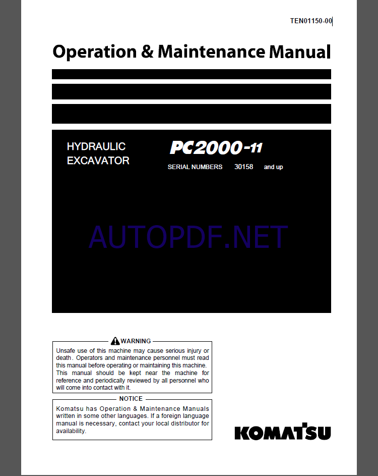 KOMATSU PC2000-11 HYDRAULIC EXCAVATOR Operation and Maintenance Manual(TEN01150-00)