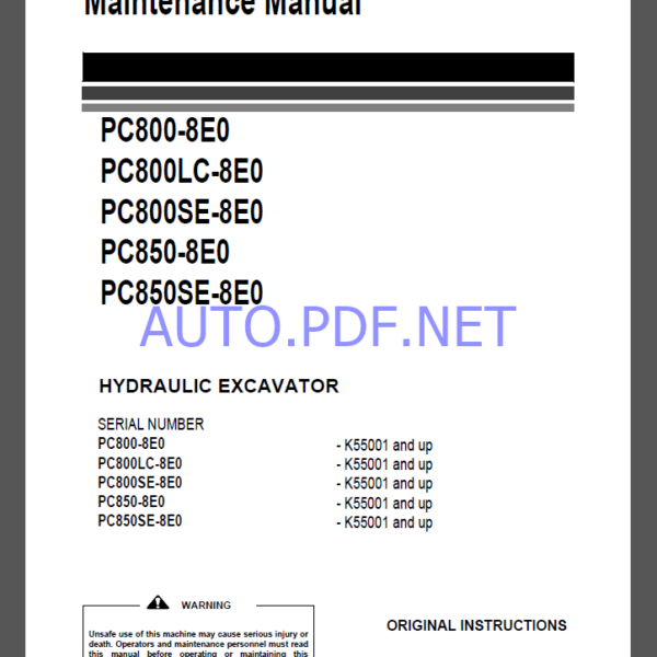 Komatsu PC800-8E0,PC800LC-8E0,PC800SE-8E0,PC850-8E0,PC850SE-8E0 HYDRAULIC EXCAVATOR Operation and Maintenance Manual(UENAM01072)