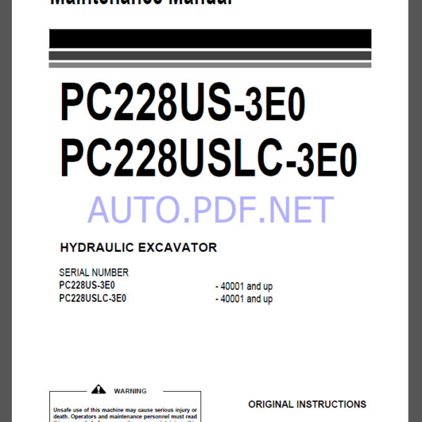 Komatsu PC228US-3E0,PC228USLC-3E0 HYDRAULIC EXCAVATOR Operation and Maintenance Manual(UEAM006304)