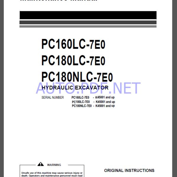 Komatsu PC160LC-7E0,PC180LC-7E0,PC180NLC-7E0 HYDRAULIC EXCAVATOR Operation and Maintenance Manual(UEAM006705)