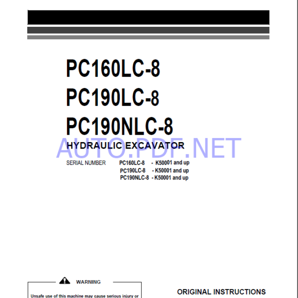 Komatsu PC160LC-8,PC190LC-8,PC190NLC-8 HYDRAULIC EXCAVATOR Operation and Maintenance Manual(UENAM00773)