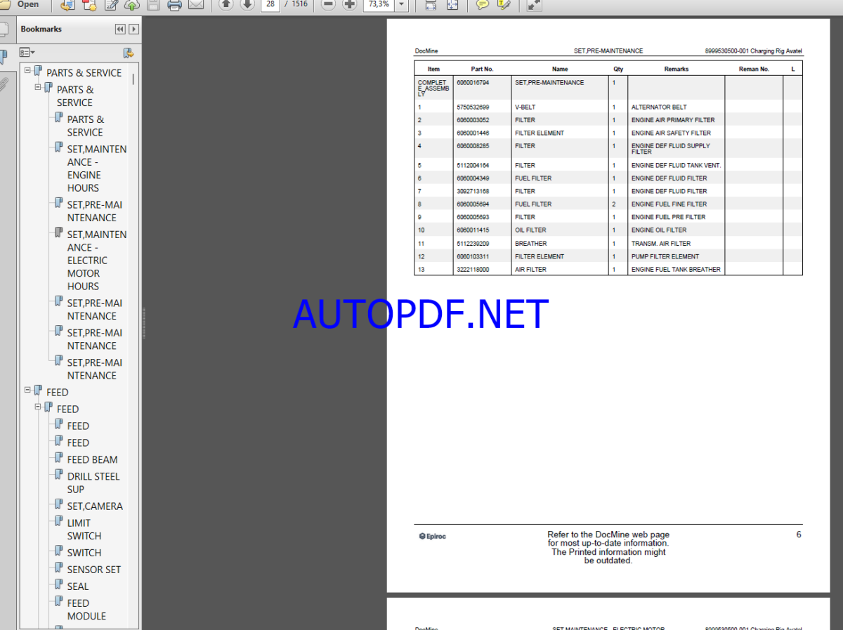 Epiroc Charging Rig Avatel Spare parts catalog