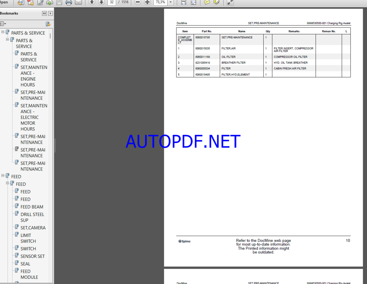 Epiroc Charging Rig Avatel Spare parts catalog