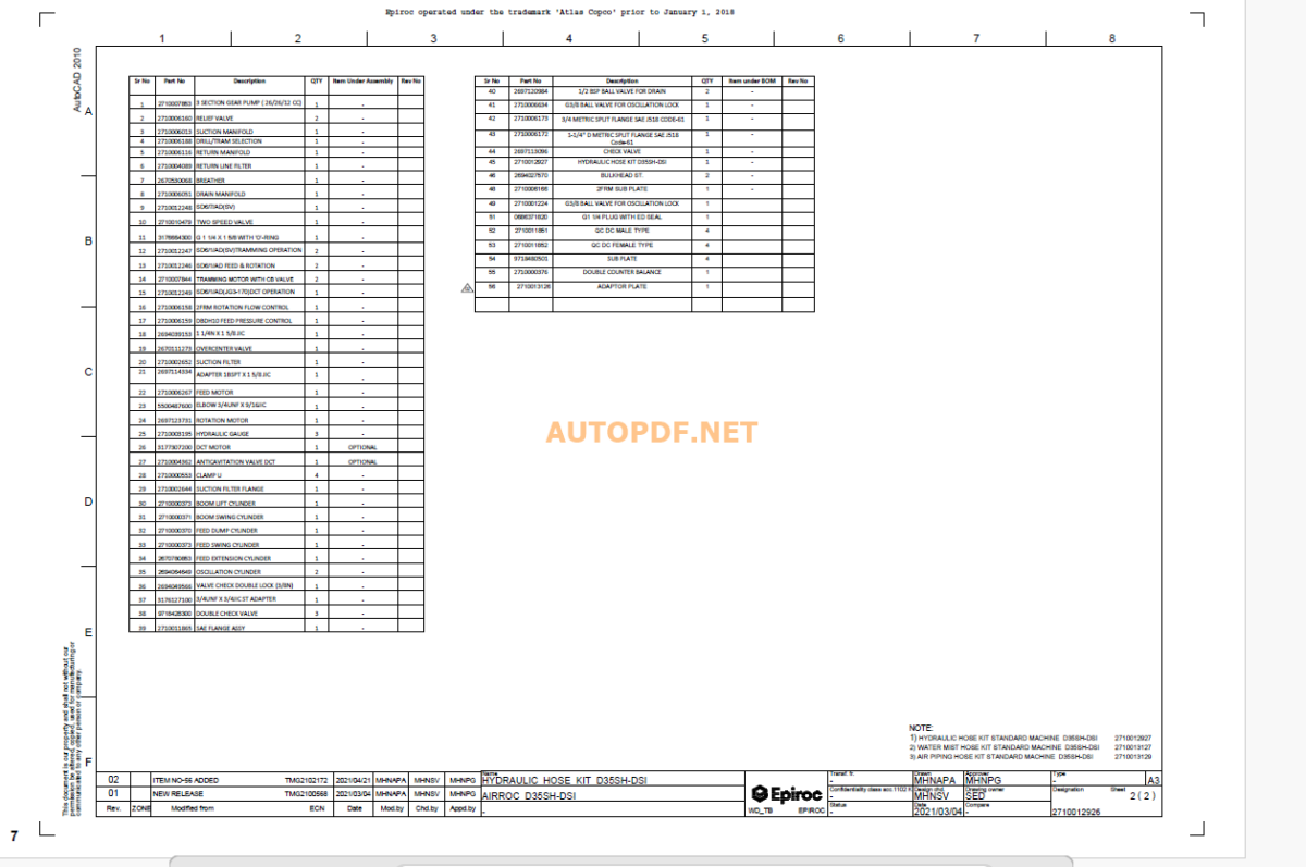 Epiroc Semi Hydraulic AirROC D35SH DSI Diagrams and Drawings Manual