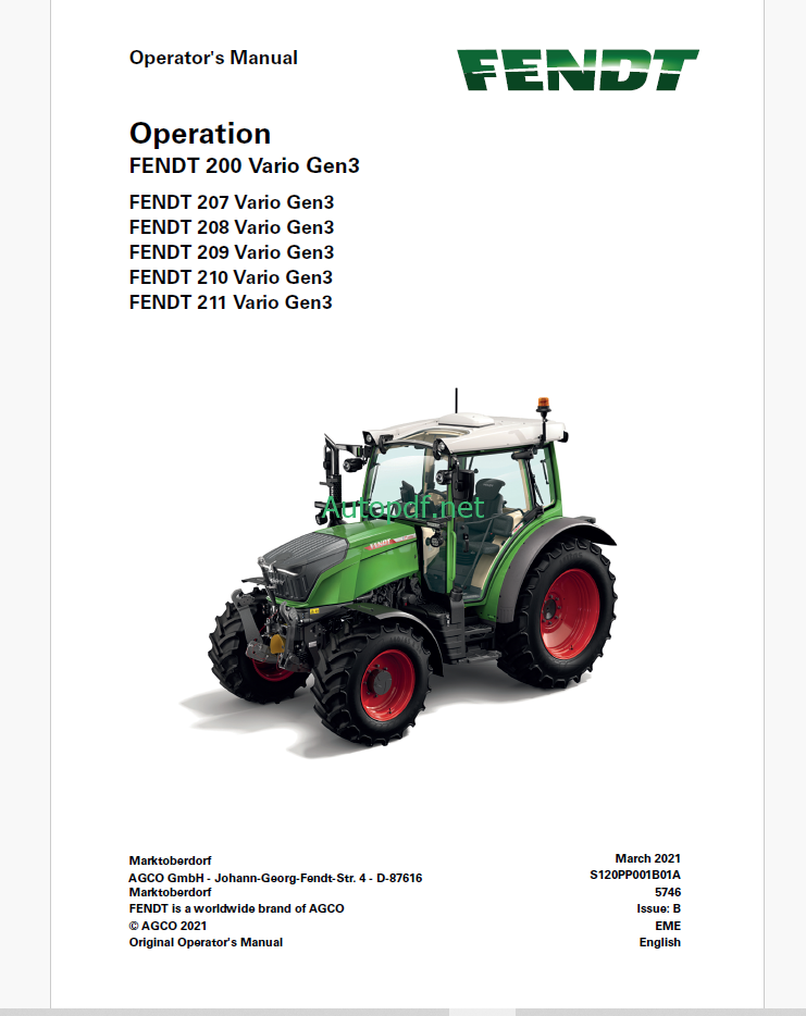 Fendt 200, 207, 208, 209, 210, 211 Vario Gen3 Tractor Operation and Maintenance Manual