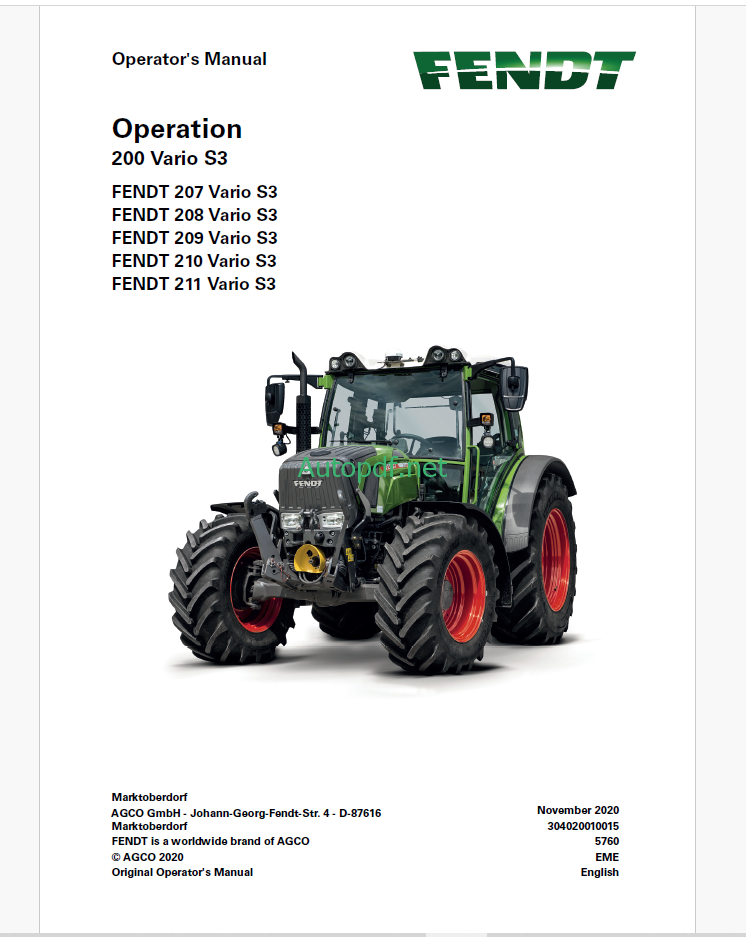 Fendt 200, 207, 208, 209, 210, 211 Vario S3 Tractor Operation and Maintenance Manual