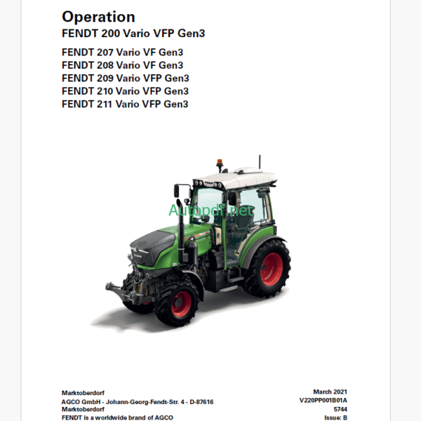 Fendt 200, 207, 208, 209, 210, 211 Vario VFP Gen3 Tractor Operation and Maintenance Manual