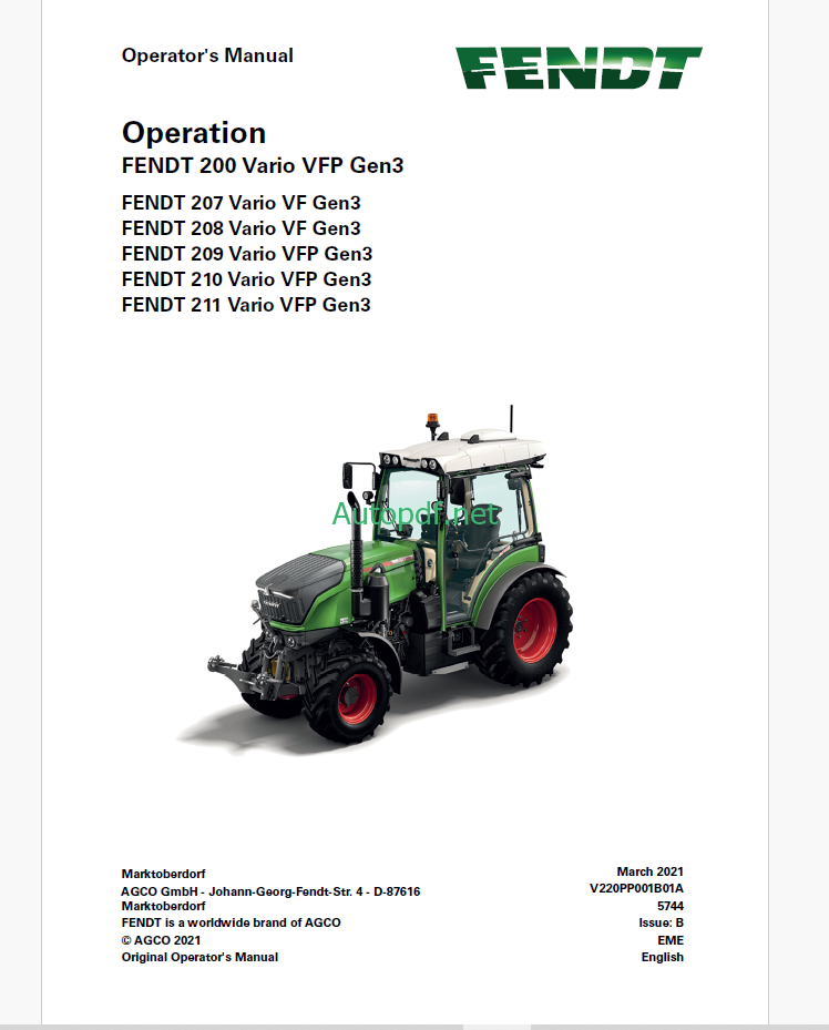 Fendt 200, 207, 208, 209, 210, 211 Vario VFP Gen3 Tractor Operation and Maintenance Manual