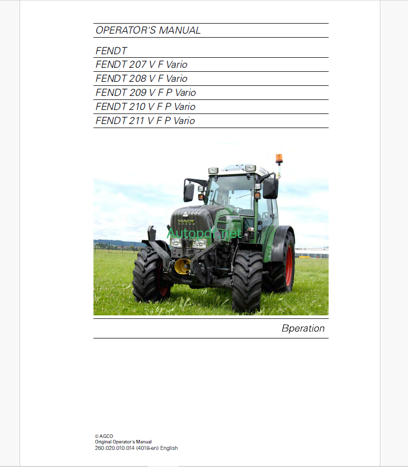 Fendt 207 V F Vario, 208 V F Vario, 209 V F P Vario, 210 V F P Vario, 211 V F P Vario Tractor Operator's Manual