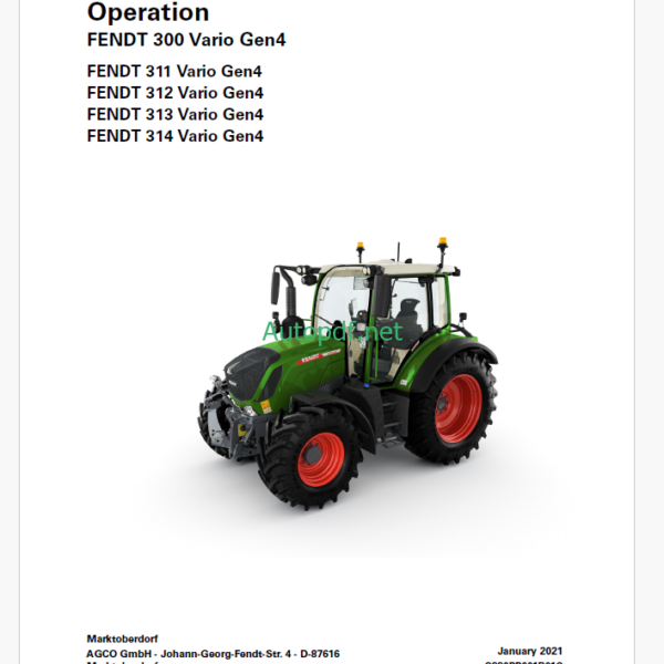 Fendt 300, 311, 312, 313, 314 Vario Gen4 Tractor Full Operation and Maintenance Manual