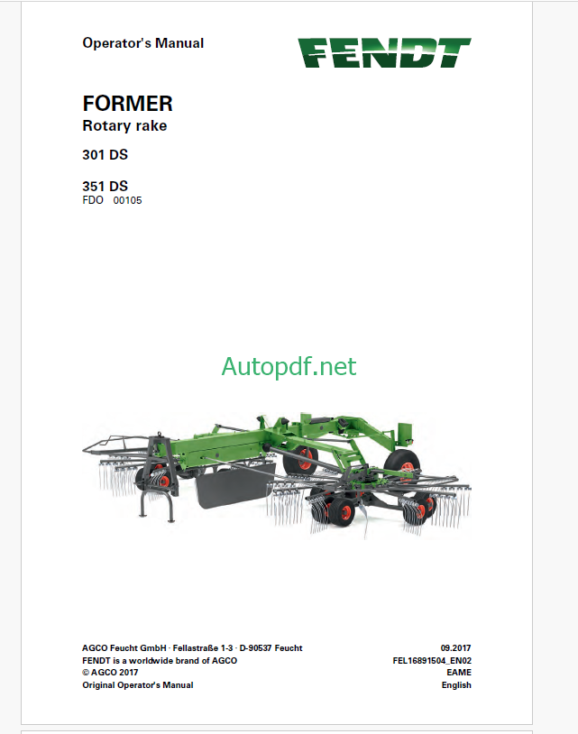 Fendt 310 DS, 351 DS Former Rotary Rake Operator's Manual