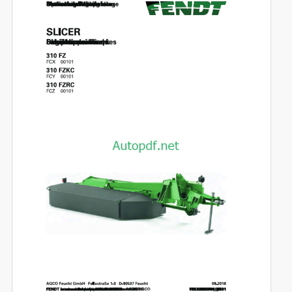 Fendt 310 FZ, 310 FZKC, 310 FZRC Slicer Operator's Manual (FEL1282270401)