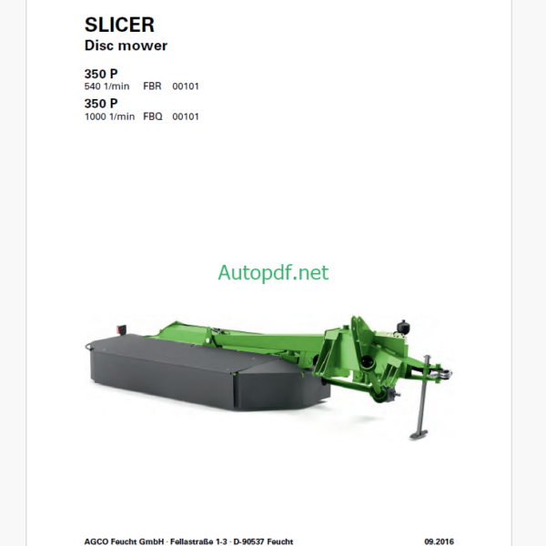 Fendt 350 P (FBR and FBQ) Slicer Disc Mower Operator's Manual