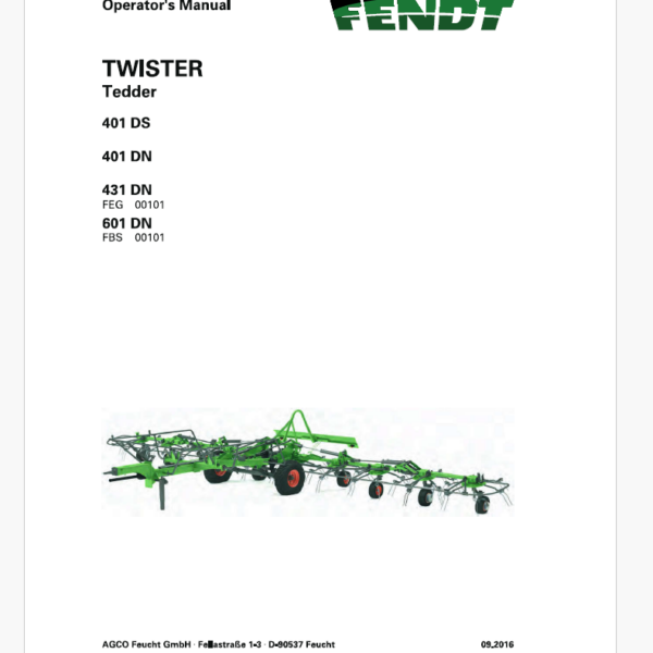 Fendt 401 DS, 401 DN, 431 DN, 601 DN Twister Tedder Operator's Manual (FEL1540290401)