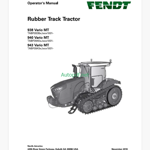 Fendt 938, 940, 943 Vario MT Rubber Track Tractor Operator's Manual