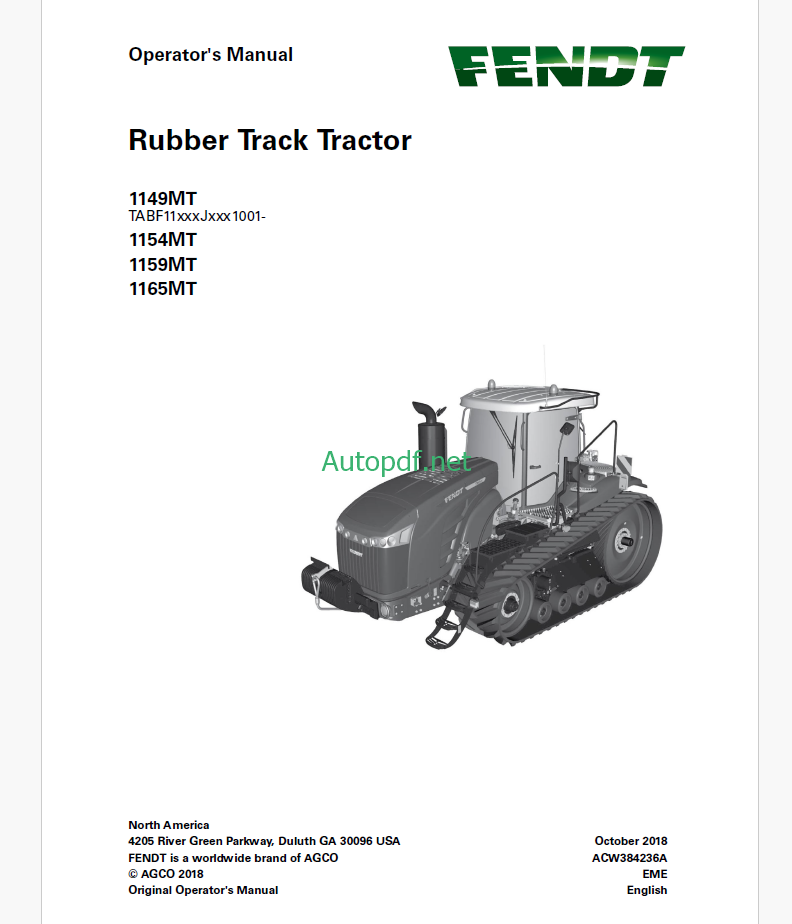 Fendt 1149MT, 1154MT, 1159MT, 1165MT Rubber Track Tractor Operator's Manual