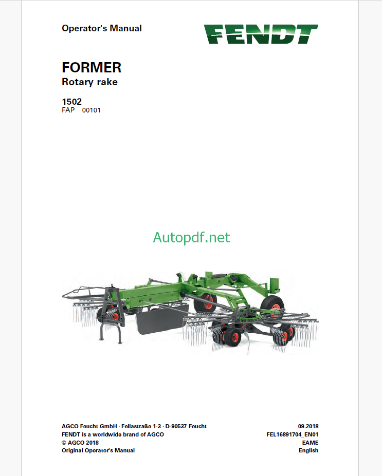 Fendt 1502 Former Rotary Rake Operator's Manua