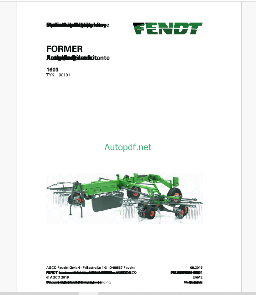 Fendt 1603 Former Operator's Manual (FEL1687560401)