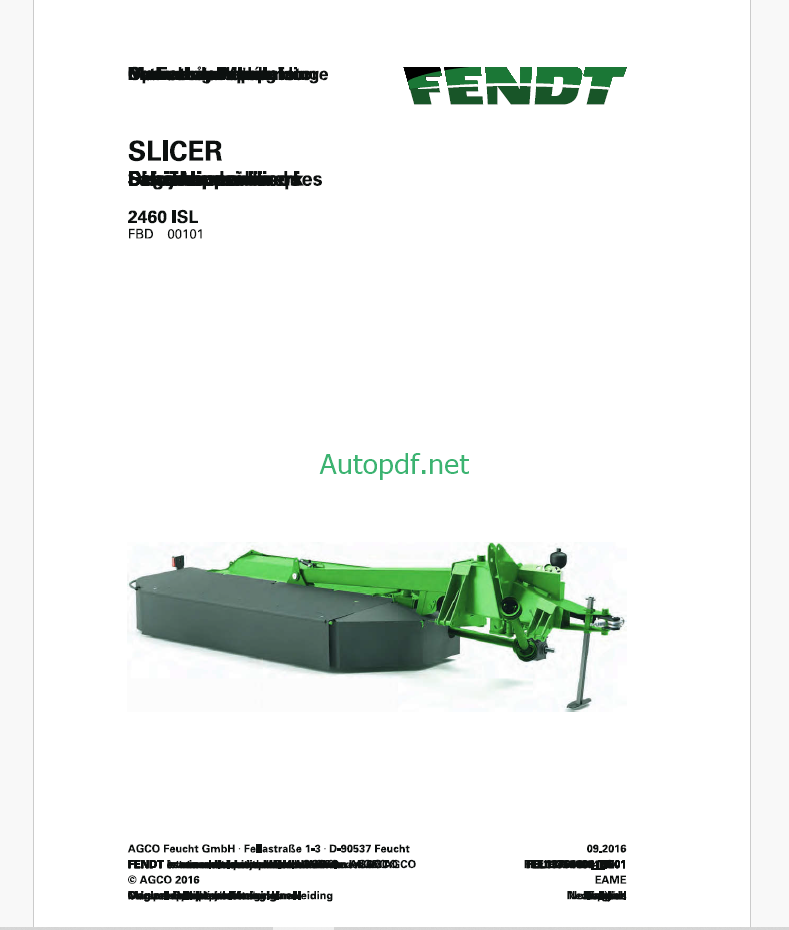 Fendt 2460 ISL Slicer Operator's Manual (FEL1376440401)