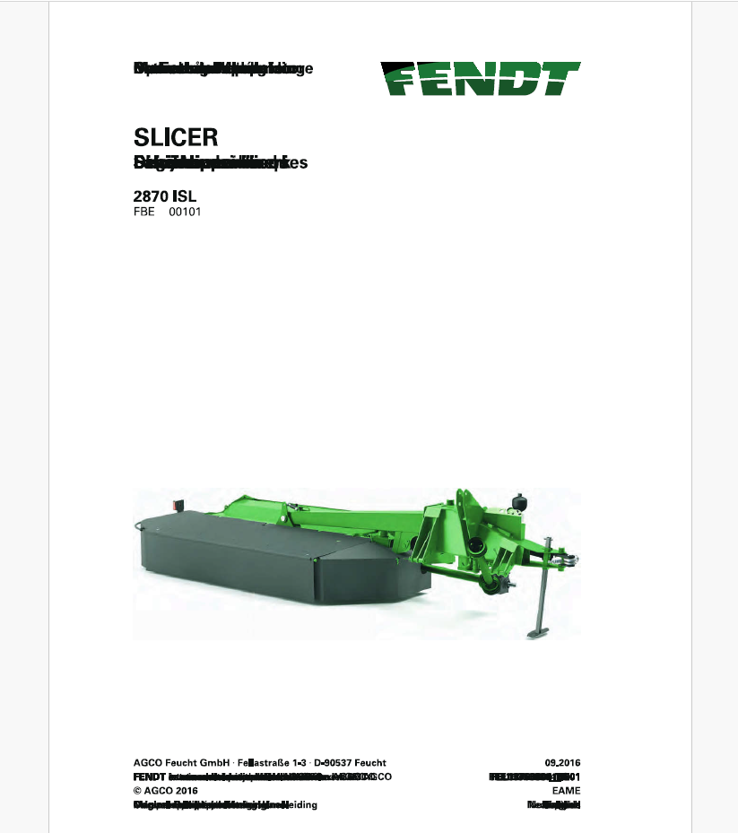 Fendt 2870 ISL Slicer Disc Mower Operator's Manual